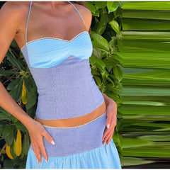 Stripe Patchwork Halter Top And Long Skirt Set