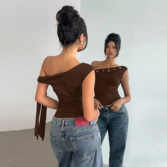 Asymmetrical Ribbon Metal Eyelet One-Shoulder Top