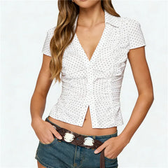 Polka Dot Lapel Short Sleeve Shirt