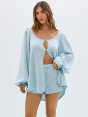 Long Sleeve Slit Blouse And Shorts Matching Set