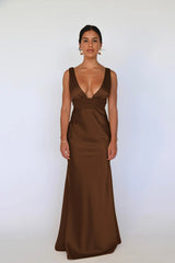 V-neck Satin Backless Pearl Chain Long Dress