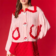 Pink Satin Button Ruffle Pocket Cardigan