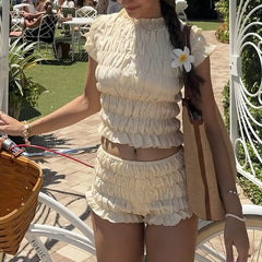 Ruched Elastic Short Sleeve Crop Top And Ruffles Hem Shorts Set
