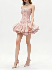 Embroidery StraplessPleated Flare Mini Dress