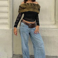 Black Ruched Off Shoulder Fur Trim Top