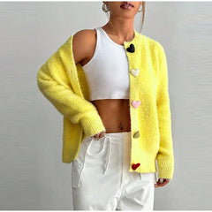 Heart Shaped Button Fuzzy Knit Cardigan