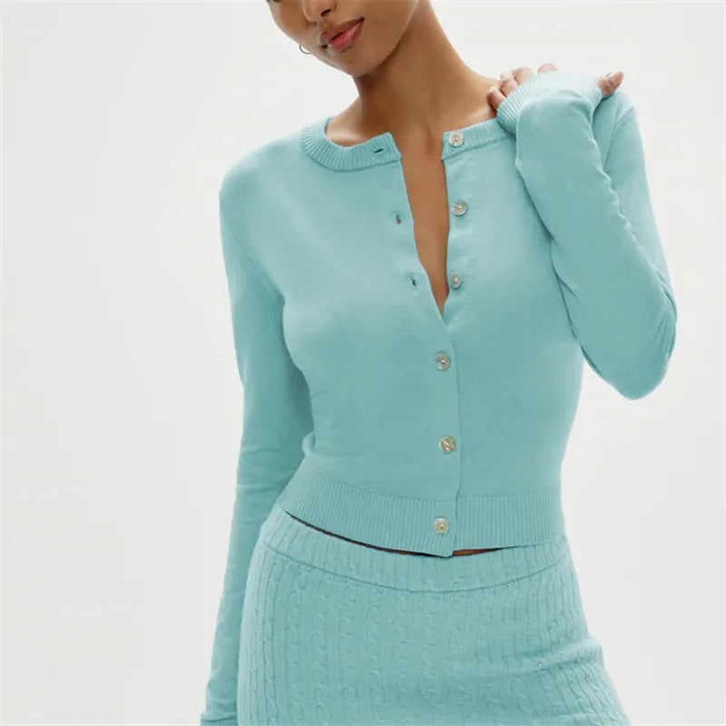 Light blue cardigan and skirt set