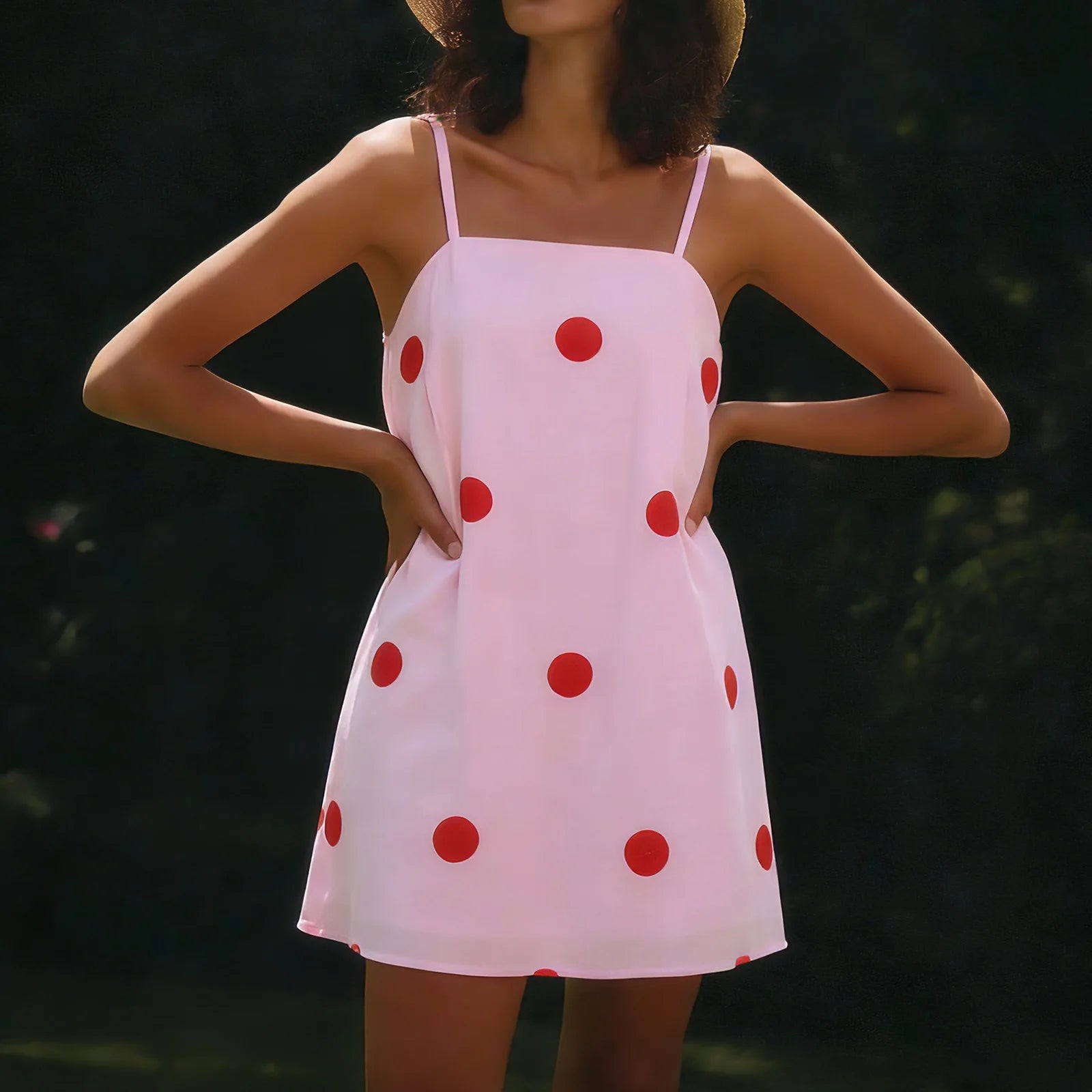 spaghetti strap dress pattern Pink Dot Print Mini Spaghetti Strap Dress Pink / M