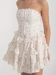 White Floral Lace Up Strapless Ruffles Mini Dress