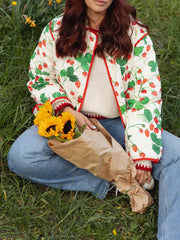 Strawberry Print Lapel Pocket Quilted Jacket