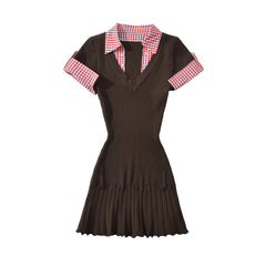 Short Sleeve Gingham Patchwork Knit Mini Dress
