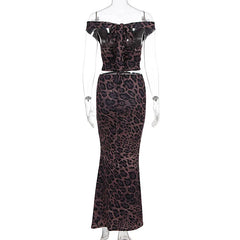 Leopard Print Off Shoulder Crop Top And Maxi Skirt Set