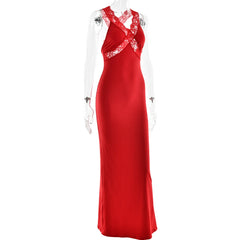 Red Lace Trim Sleeveless Maxi Dress