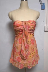 Ruched Chest Floral Print Strapless Mini Chiffon Dress