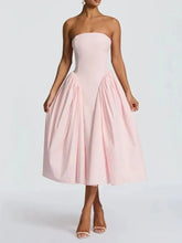 Strapless Lace Up Flare Pleated Midi Dress