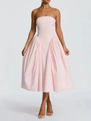 Strapless Lace Up Flare Pleated Midi Dress