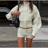 White Polka Dot Zipper Jacket And Shorts Set