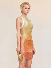 Tassel Bandage O-Neck Gradient Mini Dress