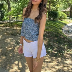 Flower Print Smocked Lace-up Tube Top