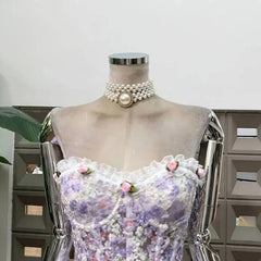 Purple Lace Embroidery Corset Top And Tulle Mini Skirt Set