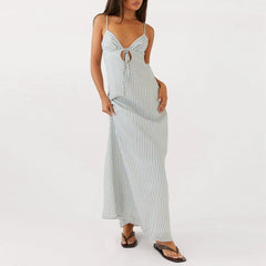 Spaghetti Strap V Neck Tie Front Cutout Cami Maxi Dress