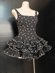 Black Ruffles Bow Printed Mini Dress