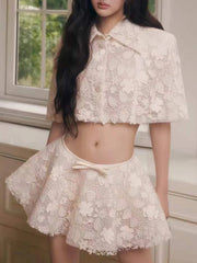 White Lace Embroidery Collar Short Sleeve Crop Top And High Waist Mini Skirt Set