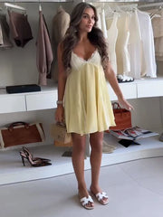 Yellow Lace Patchwork Spaghetti Strap Mini Dress