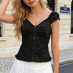 Ruffle Trim Back Tie Buttoned Top
