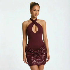 Sequin Patchwork Halter Tank Mini Bodycon Dress