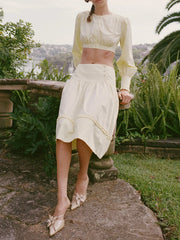 Round Neck Long Sleeve Crop Top And Low Waist Midi A Line Skirt Two Piece Set