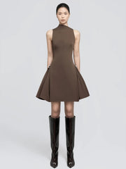 Metal Buckle High Neck Folds Mini Dress