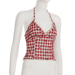 Red Flower Plaid Print Halter Tank Top