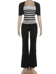Black Lace Patchwork Short Sleeve Shawl And Stripe Print Tank Tops And Flared Pants Set