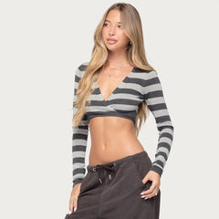 Striped Deep V-Neck Long Sleeve Crop Top