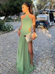 Green Split Hem Bandage Sleeveless Folds Maxi Dress