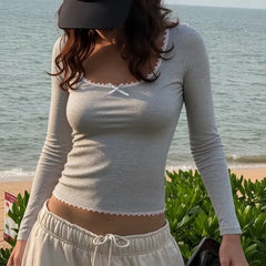 Lace Trim Solid Long Sleeve Top