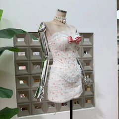 Floral Strapless Bow Ruffle Corset Top And Bodycon Mini Skirt Set