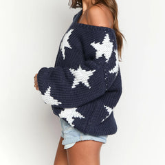 Star Pattern Blue Off Shoulder Sweater