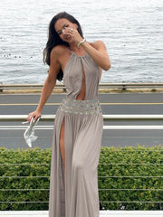 Halter Open Back Slit Button Applique Strap Maxi Dress