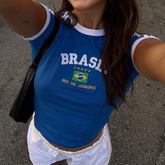 Women's Brazil flag graphic O-neck short-sleeved crop top.