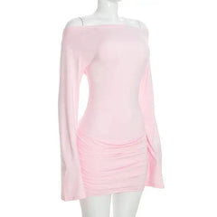 Pink Off-Shoulder Long Sleeve Ruched Mini Dress