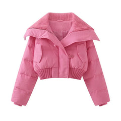 Solid Cropped Collar Button Puff Jacket