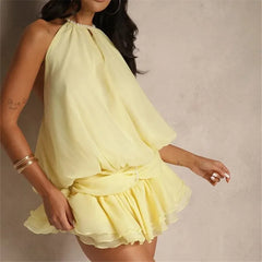 Pearl Halter Neck Open Back Frill Mini Dress