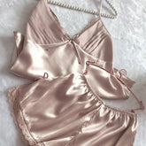 Satin Lace Bow Cami Top And Shorts Pijamas Set