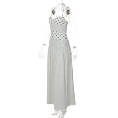 Polka Dot Patchwork Print Halter Maxi Dress