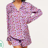 Purple Satin Heart Print Long Sleeve Button Top with Shorts Pajama Set