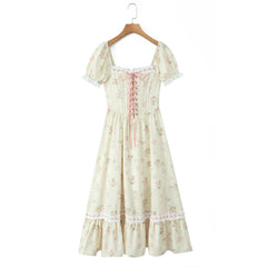 Floral Puff Sleeve Lace Trim Ruffle Hem Maxi Dress