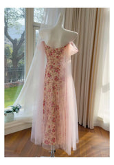 Pink Floral Off-the-Shoulder Mesh Drape Midi Dress