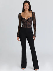 Black Lace Long Sleeve Corset Bodysuit
